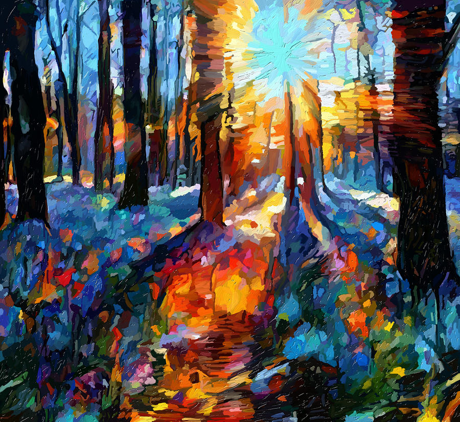 Sunrise in Bluebell Woods Mixed Media by Ann Leech