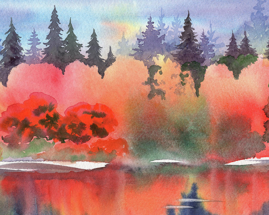 Sunrise In Fall Forest Watercolor  Painting by Irina Sztukowski