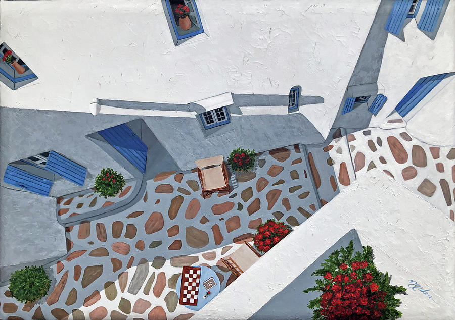 Greek Painting - SUNRISE IN MYKONOS -Prints of Oil Painting by Mary Grden