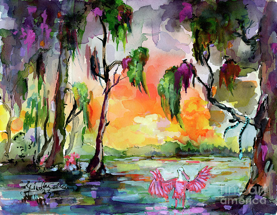 Watercolor And Ink Painting - Sunrise In The Wetland Roseate Spoonbill by Ginette Callaway