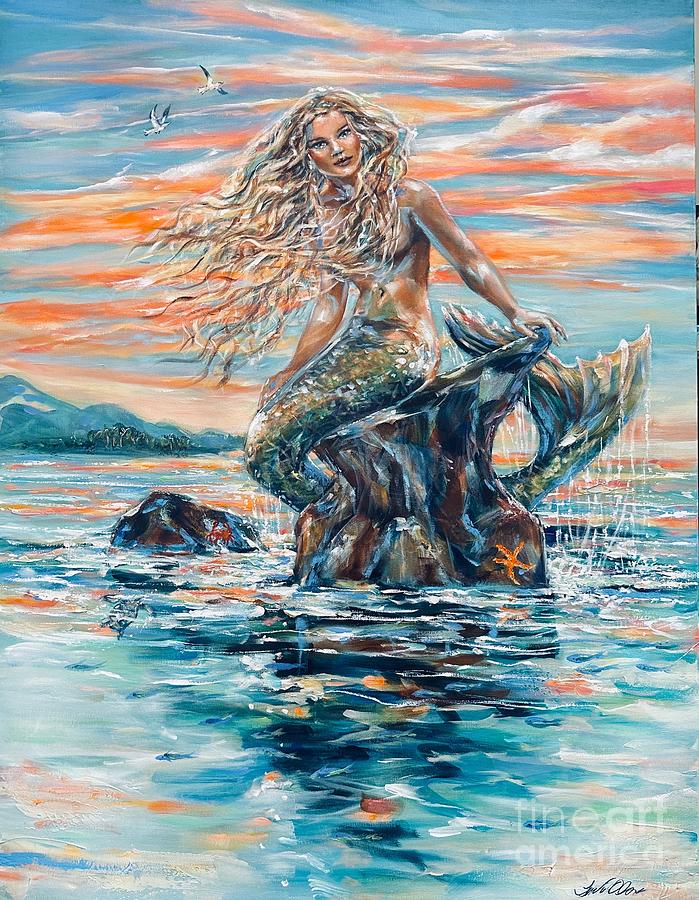 Sunrise Mermaid Painting by Linda Olsen