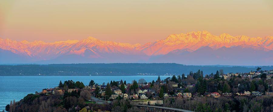 First light of Olympic Mountains from Betty Bowen viewpoint Digital Art by Michael Lee