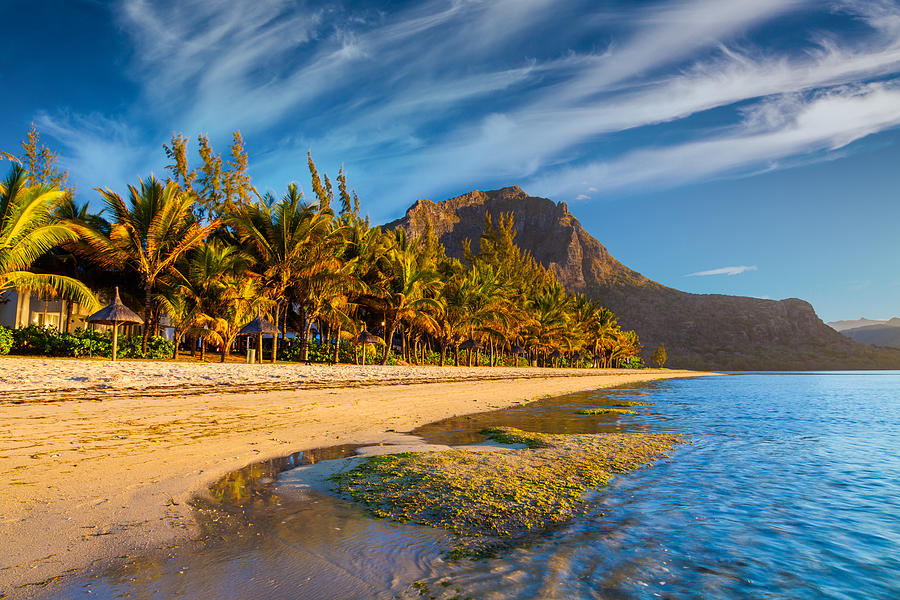 Sunrise on a tropical sandy beach, Le Morne Brabant, Mauritius island Photograph by Anton Petrus