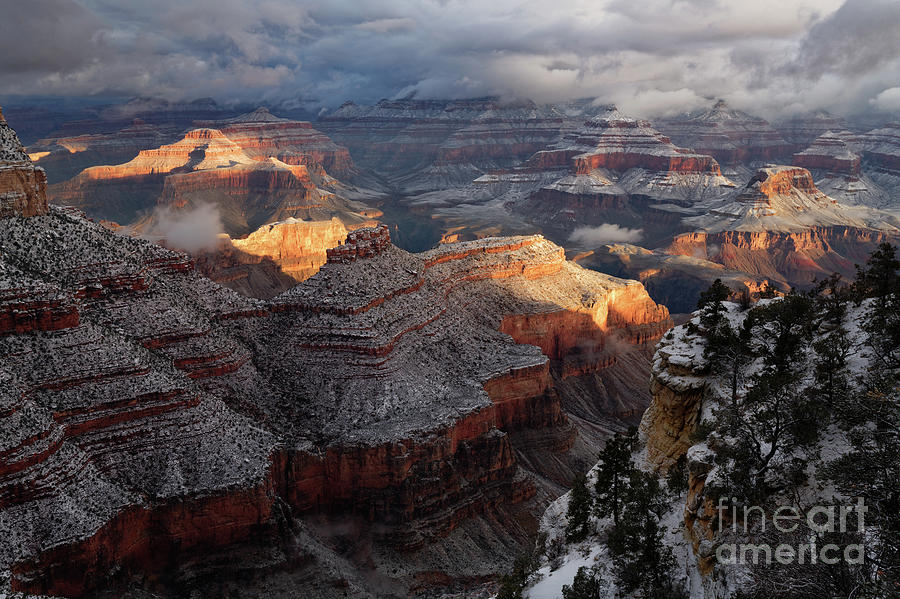 Sunrise on Grand Canyon National Park after Dusting of Winter Snow Photograph by Tom Schwabel
