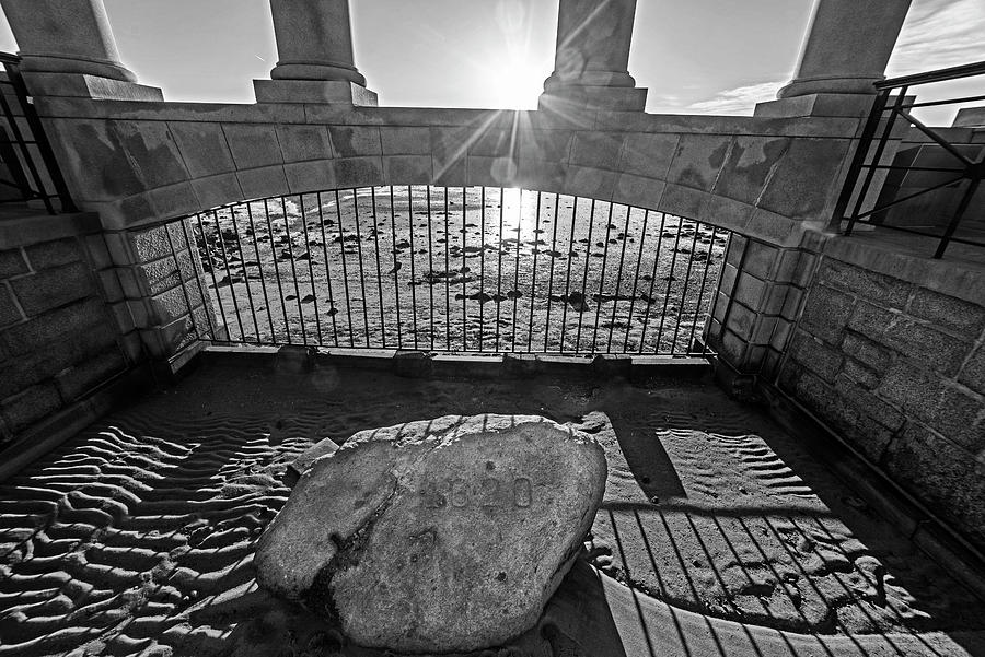 Sunrise on Plymouth Rock Plymouth MA Black and White Photograph by Toby McGuire
