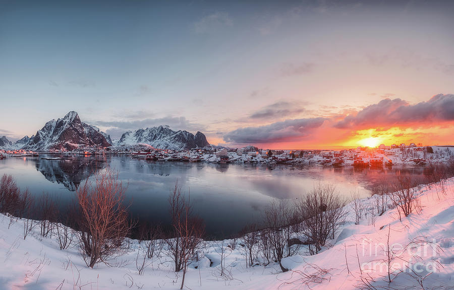 Sunrise on reine village with snow mountain Photograph by Thanayu ...