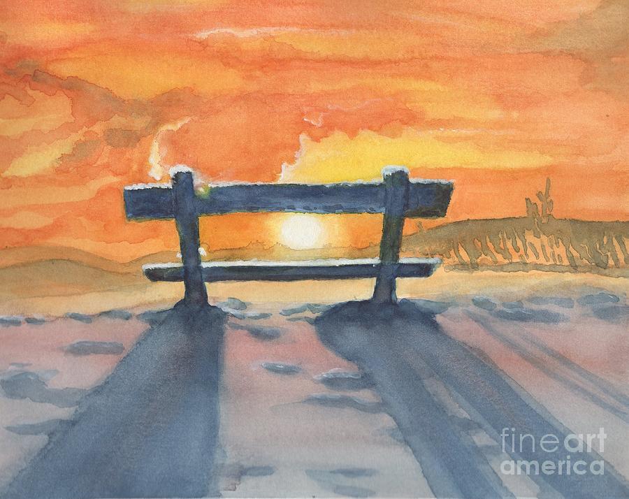Sunrise on Snowy Bench Painting by Vicki B Littell