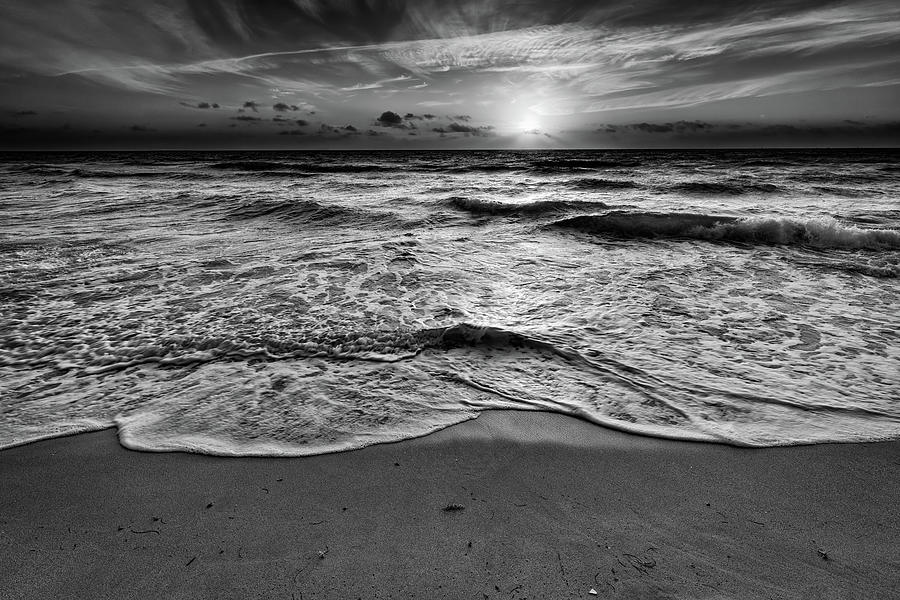 black and white beach scene
