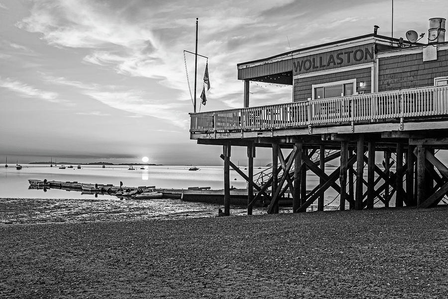 Sunrise on Wollaston Beach Quincy Massachusetts Yacht Club Black and White Photograph by Toby McGuire