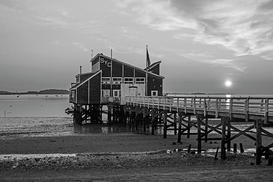 Sunrise on Wollaston Beach Quincy Massachusetts Yacht Club Morning Black and White Photograph by Toby McGuire