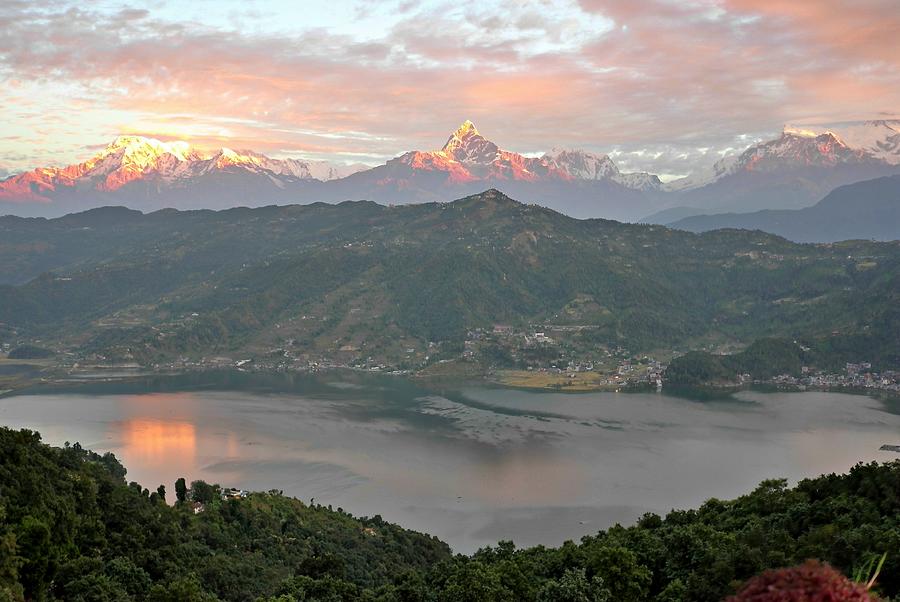 Mountain Photograph - Sunrise over Annapurnas, Fishtail Mountain and Phewa Lake by Juliette Cunliffe