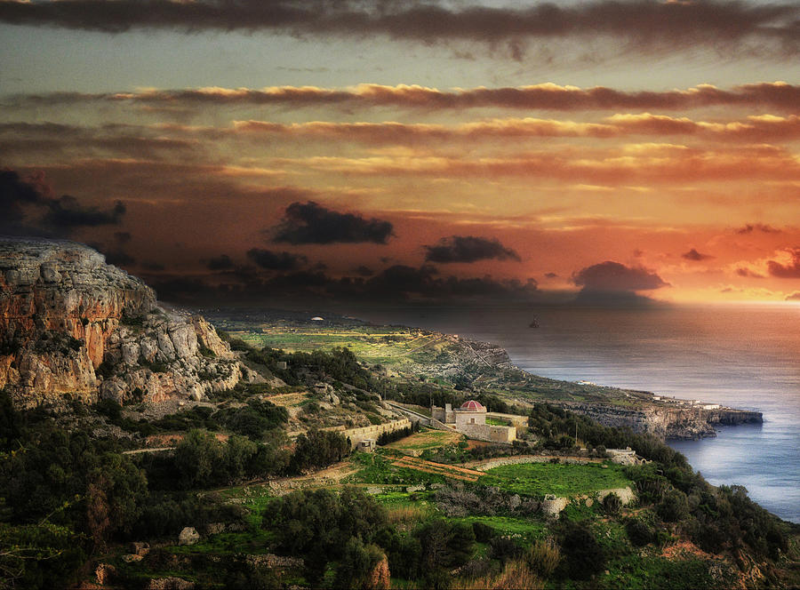 Sunrise over Dingli cliffs and chapel in Malta - Landscape photo Photograph by Stephan Grixti