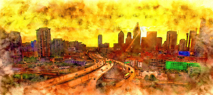 Sunrise over downtown Dallas, Texas, and the Woodall Rodgers Freeway - pen and watercolor Digital Art by Nicko Prints