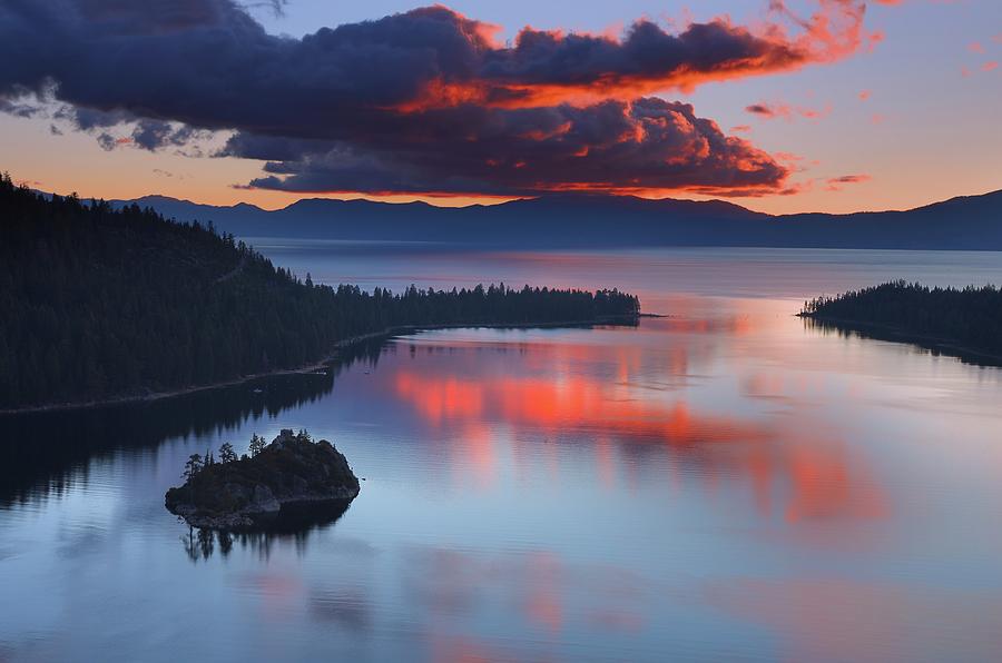 Sunrise over Fannette Island and Emerald Bay at Lake Tahoe in California. Photograph by Jetson Nguyen