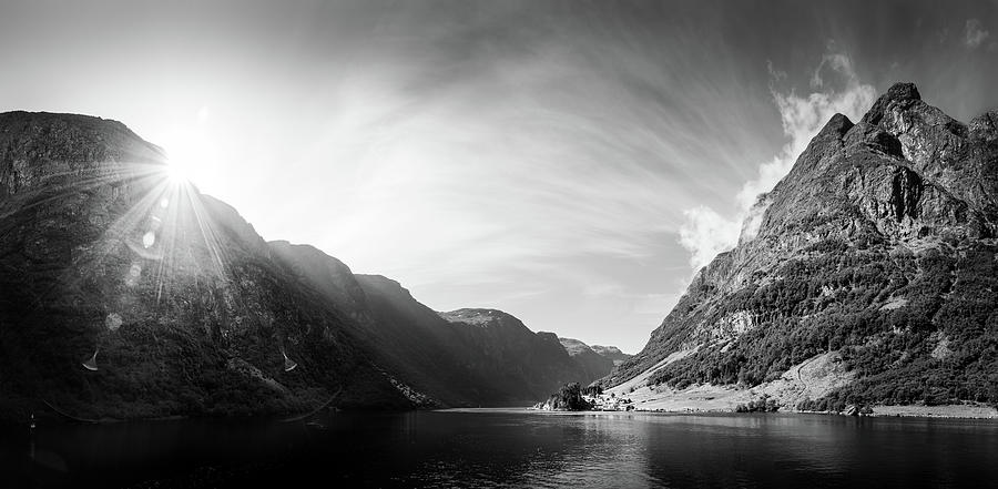 Black And White Photograph - Sunrise over Fjord Village in Black and White by Nicklas Gustafsson