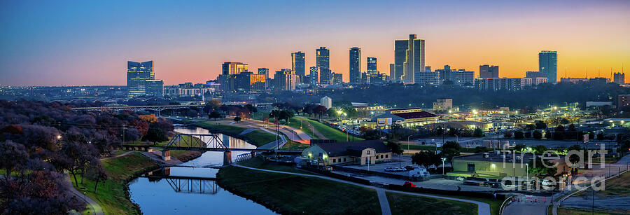 Fort Worth Skyline Photograph - Sunrise Over Fort Worth Skyline Panorama by Bee Creek Photography - Tod and Cynthia