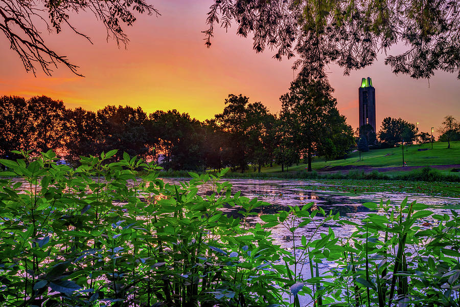 University Of Kansas Photograph - Sunrise Over Potter Lake and the Campanile Tower by Gregory Ballos