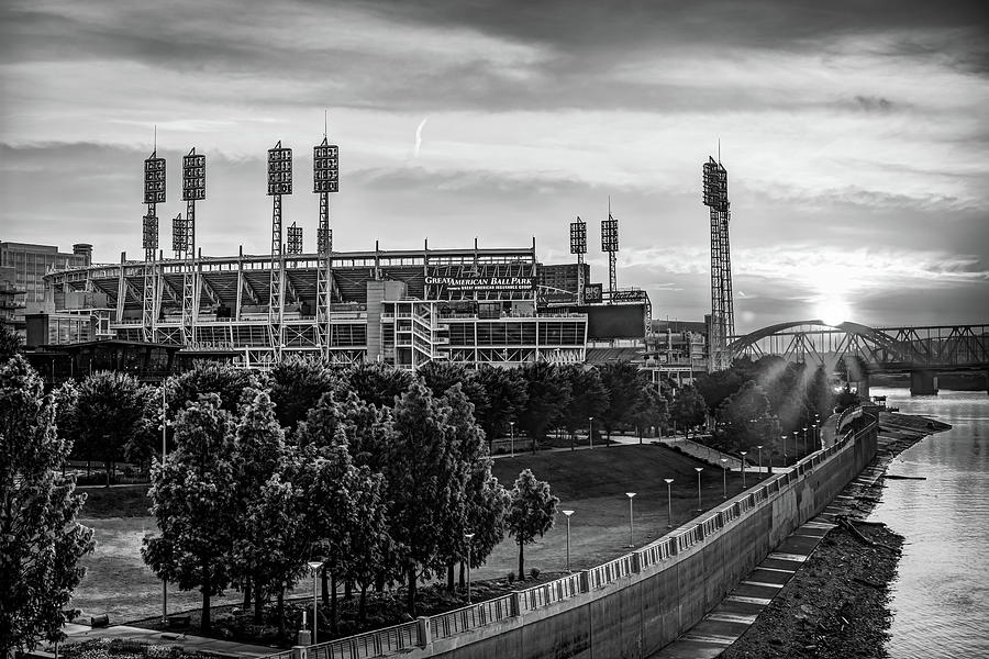 Sunrise Over Reds Stadium - Cincinnatis Great American BallPark - Black and White Photograph by Gregory Ballos