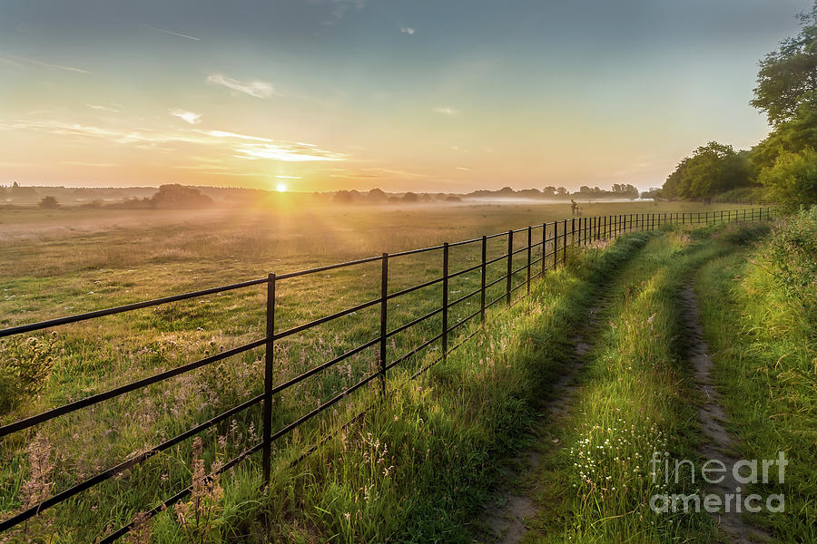 Sunrise over rural fields fences and track in Norfolk UK Photograph by Simon Bratt