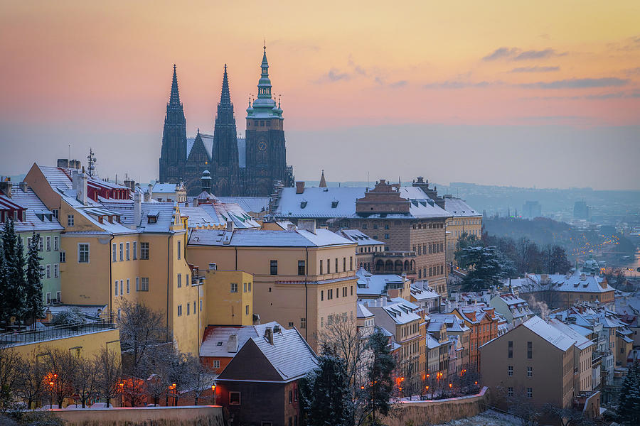 Sunrise over Snowy Prague Photograph by Jenny Rainbow