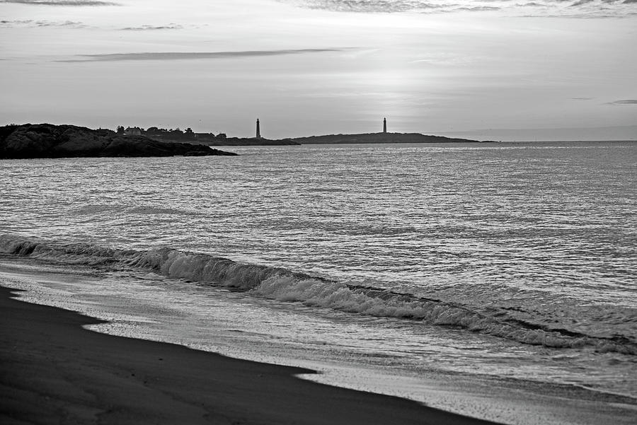 Sunrise over Thacher Island from Long Beach in Rockport MA Golden Sunrise Wave Black and White Photograph by Toby McGuire