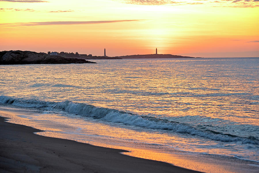 Sunrise over Thacher Island from Long Beach in Rockport MA Golden Sunrise Wave Photograph by Toby McGuire