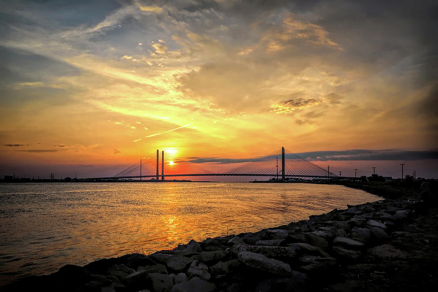 Sunrise over the Bridge at Indian River Inlet Photograph by Bill Swartwout