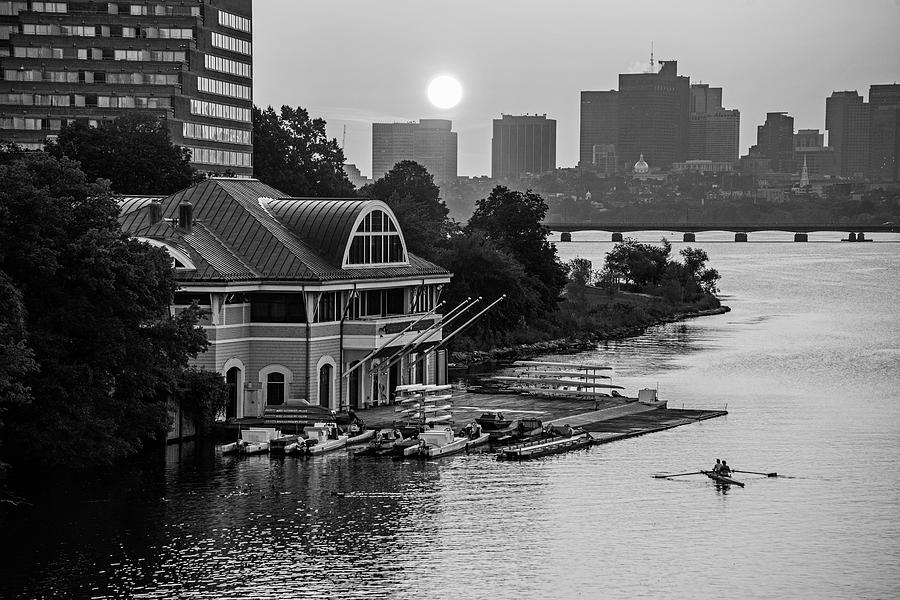 Sunrise over the DeWolfe Boathouse in Cambridge MA Charles River Black and White Photograph by Toby McGuire
