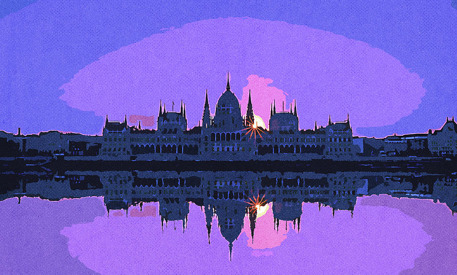 Sunrise Over The Hungarian Parliament Building  , Vintage Travel Poster By Asar Studios Painting