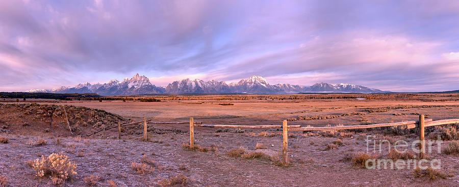 Sunrise Over The Teton Ranch Fence Panorama Photograph by Adam Jewell