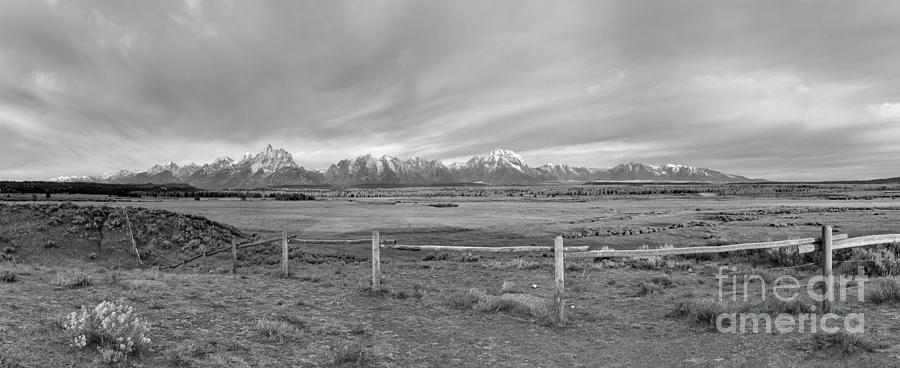 Sunrise Over The Teton Ranch Fence Panorama Black And White Photograph by Adam Jewell