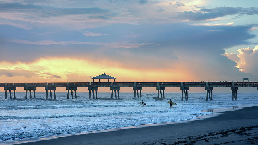 Sunset Photograph - Sunrise Pier and Surfers by Laura Fasulo