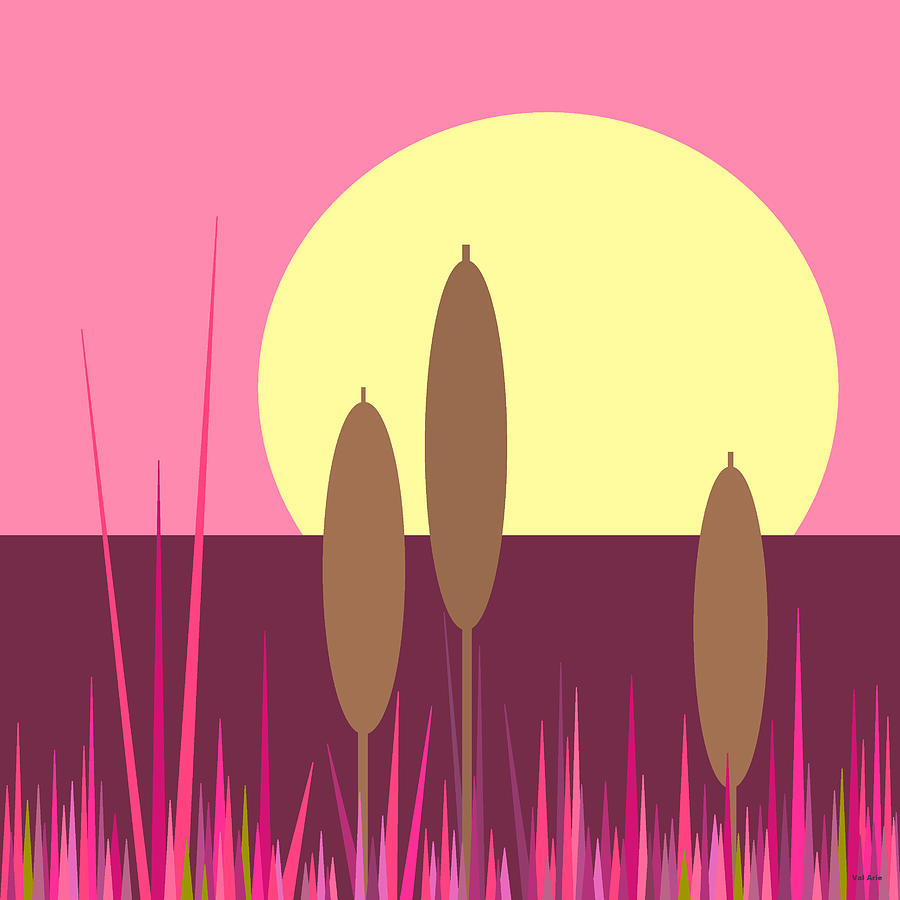 Sunrise Pink Sky and Cattails Digital Art by Val Arie
