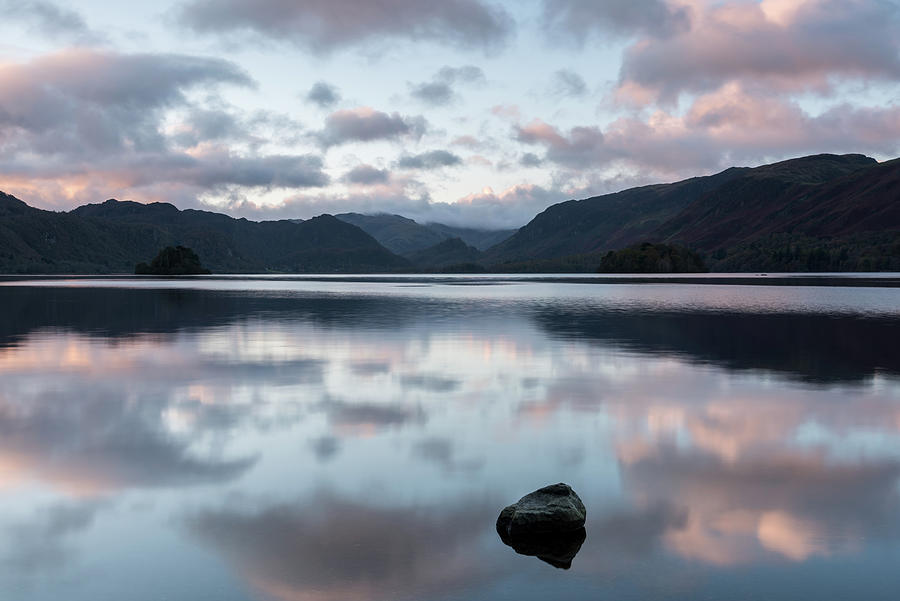 Sunrise reflections at Derwent Water, the Lake District, England Photograph by Sarah Howard