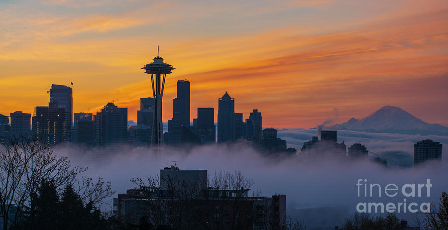 Sunrise Seattle Skyline Above The Fog Photograph