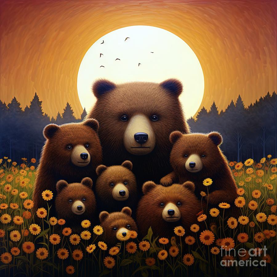 Sunrise Serenade Whimsical Bears in Sunflower Field Painting by Vincent Monozlay