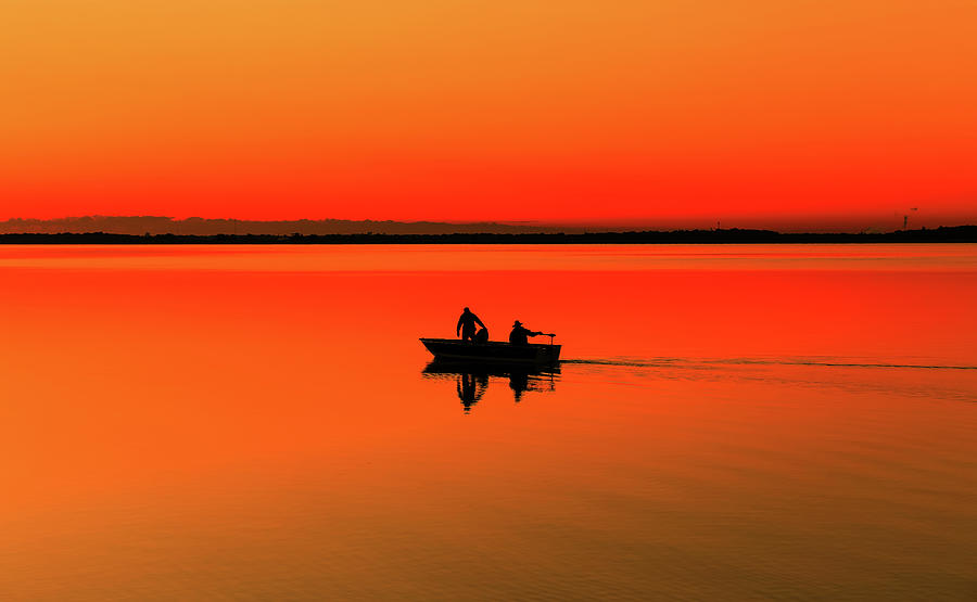 Sunrise Silhouette Of Fishermen On Ohio Lake Photograph by Dan Sproul