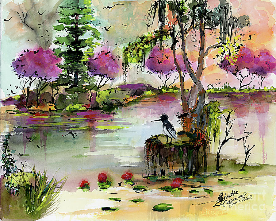 Landscape Painting - Sunrise Swamp Birds Dreamy Wetland by Ginette Callaway