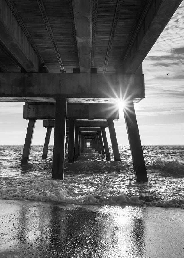 Black And White Photograph - Sunrise Under Juno Pier bw by Laura Fasulo
