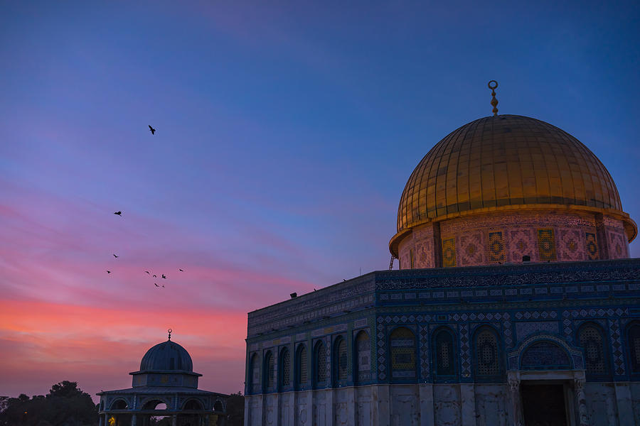 Sunrise view of Dome of the Rock Islamic Mosque Temple Mount in Jerusalem. Photograph by Shaifulzamri