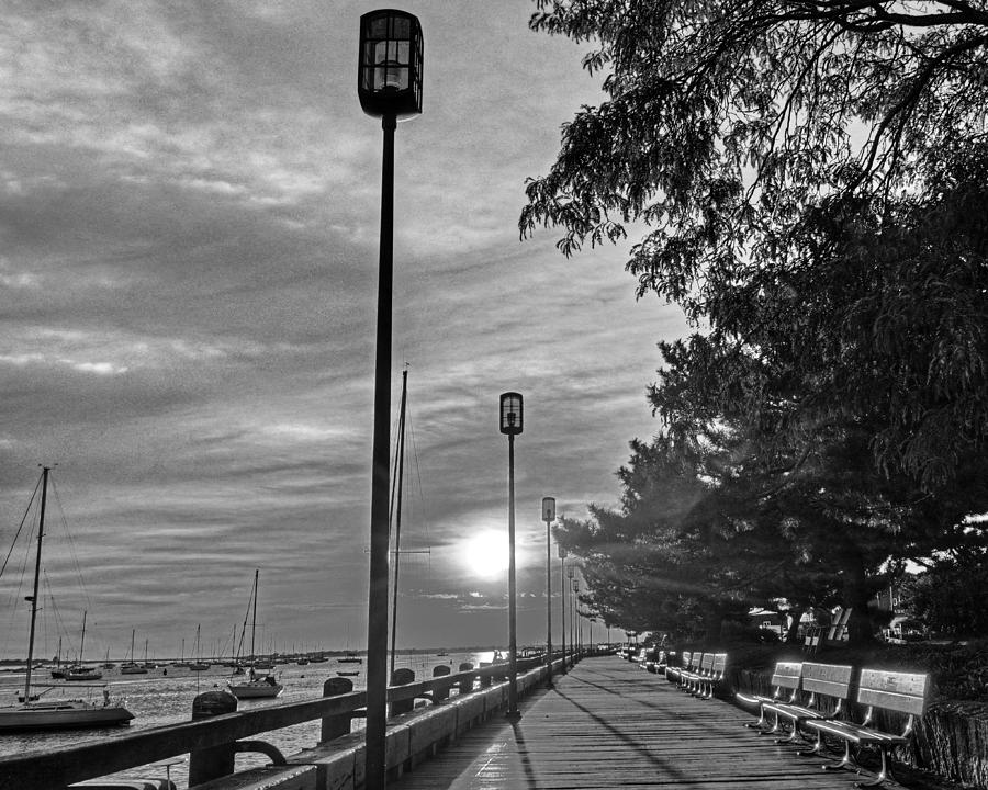 Sunrise Walk on the Newburyport Waterfront Newburyport MA Black and White Photograph by Toby McGuire