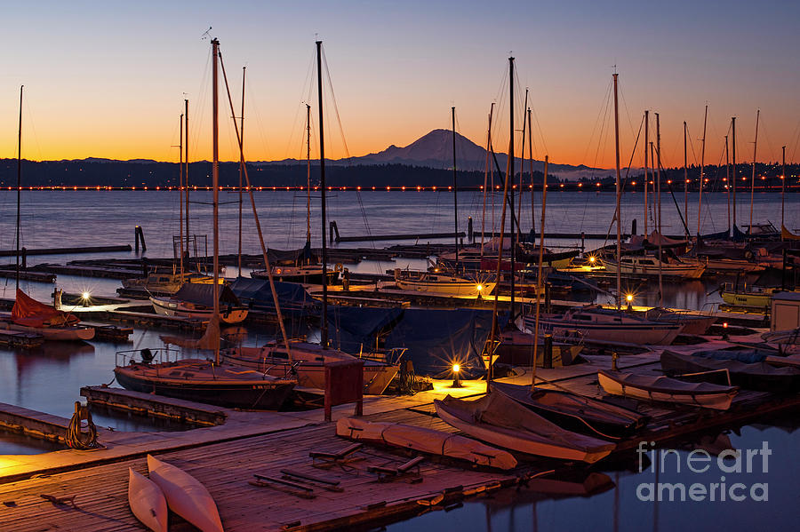 Sunrise With Sailboats And Mount Rainier  Photograph by Jim Corwin