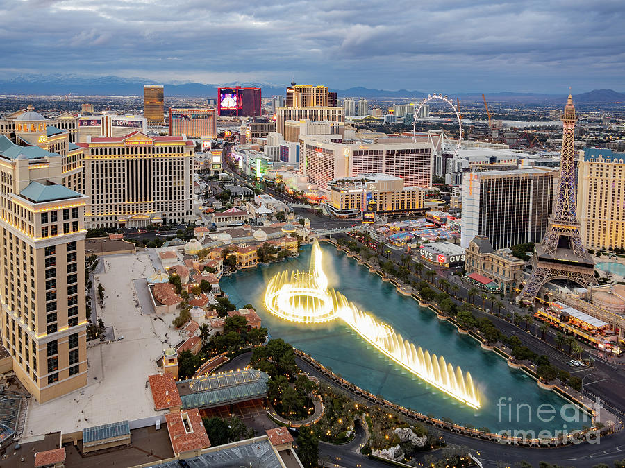 Architecture Photograph - Sunset aerial view of the famous strip with Bellagio Casino, Par by Chon Kit Leong