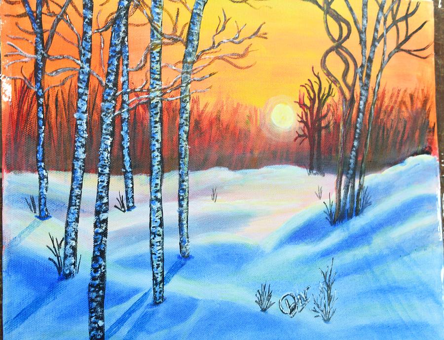 Watercolor outlets Painting of Alaskan Birch Trees in Winter at Sunset