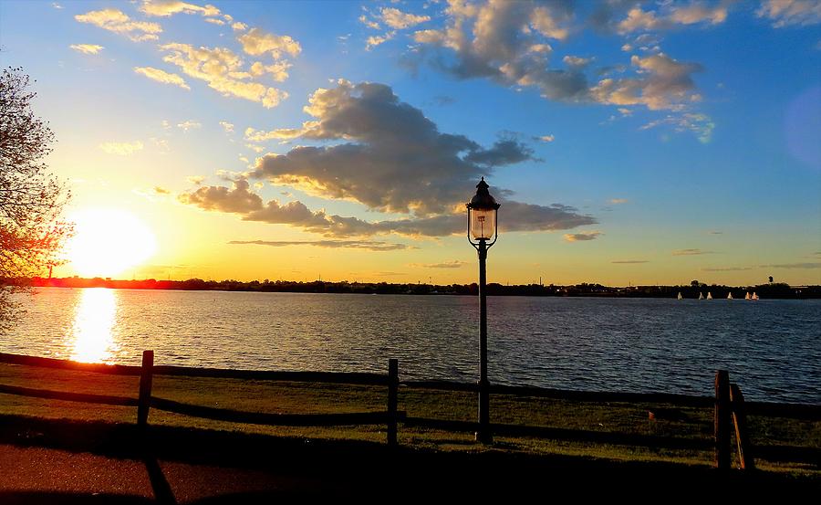 Sunset and Gas Lamppost on the Delaware Photograph by Linda Stern