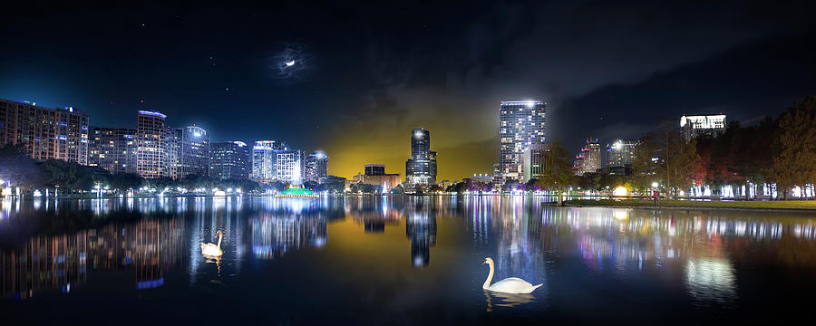 Sunset and Moonset Over Lake Eola Photograph by Mark Andrew Thomas