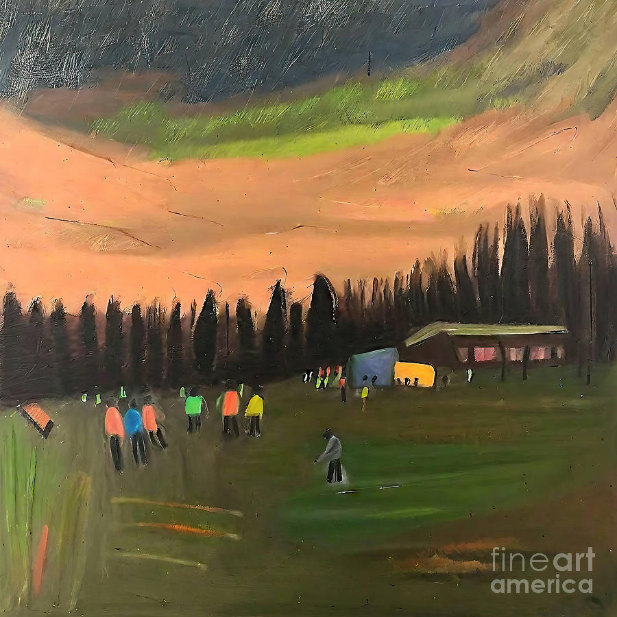 Sunset Painting - Sunset and picnic Painting people picnic scene sunset evening la by N Akkash