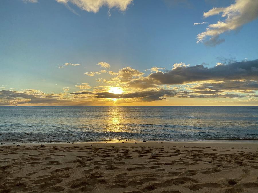 Oahu HI Foot Prints In The Sand Tracks Beach Park Pacific Sunset Seascape Art  Photograph by Andrea Callaway