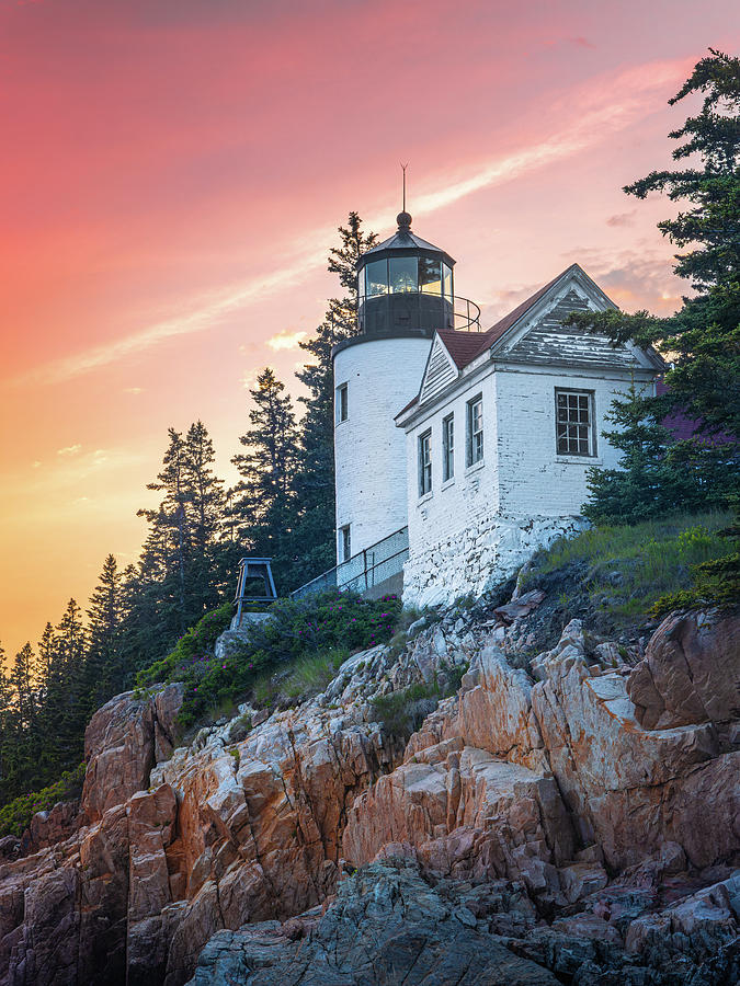 Sunset At Bass Habor Lighthouse Maine Coast Photograph by Jordan Hill