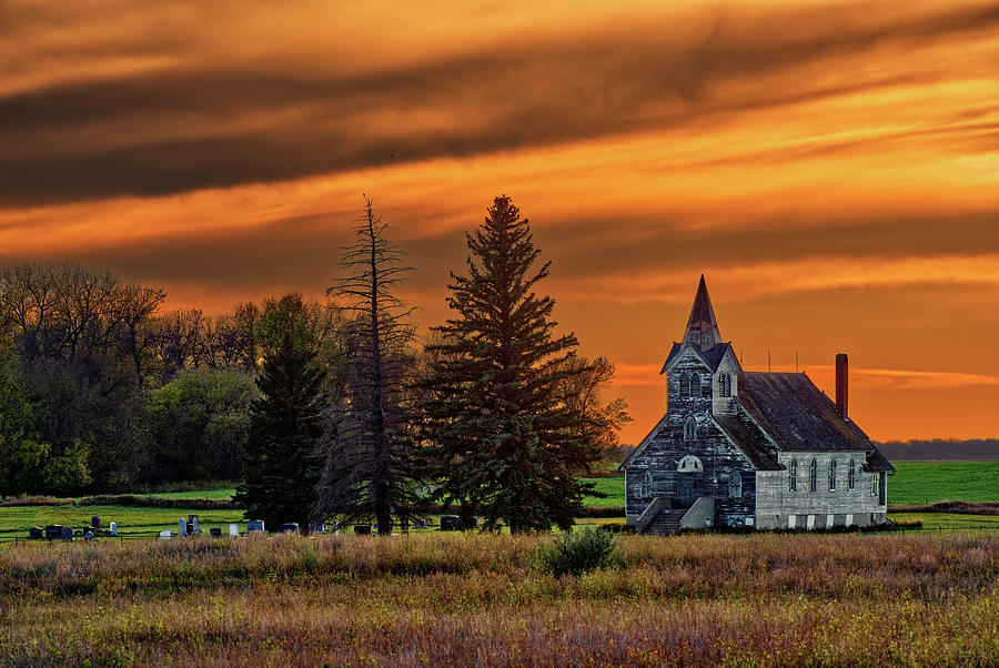 Sunset at Big Coulee Lutheran Church - Ramsey county North Dakota Photograph by Peter Herman